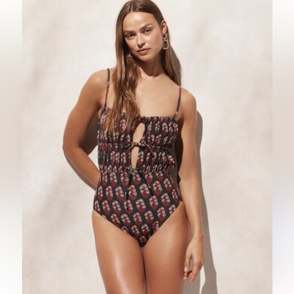 J.Crew: Ruched Cutout One-piece Swimsuit In Cocoa Block Print - Picture 2 of 8